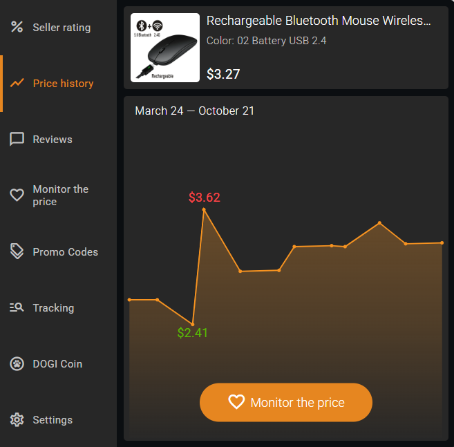 Extension features - product price history for the last 6 months
