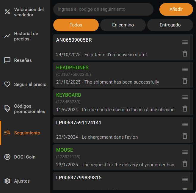Lista de paquetes rastreados