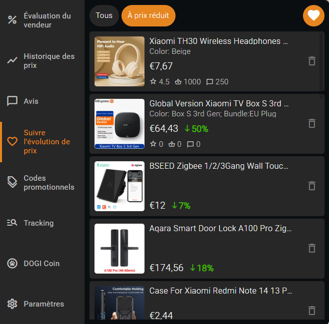Suivre les prix Aliexpress d'un article spécifique