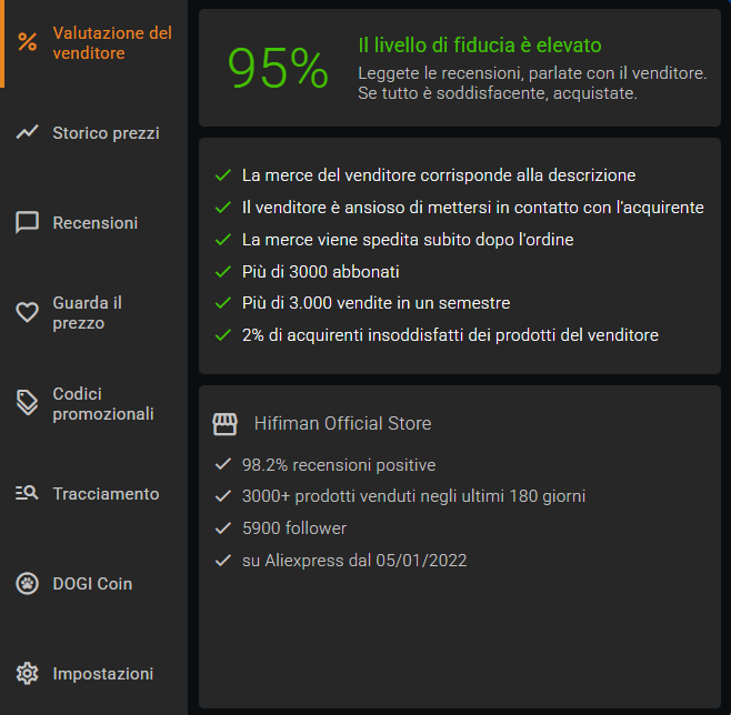 Verifica del negozio AliExpress e calcolo della punteggio