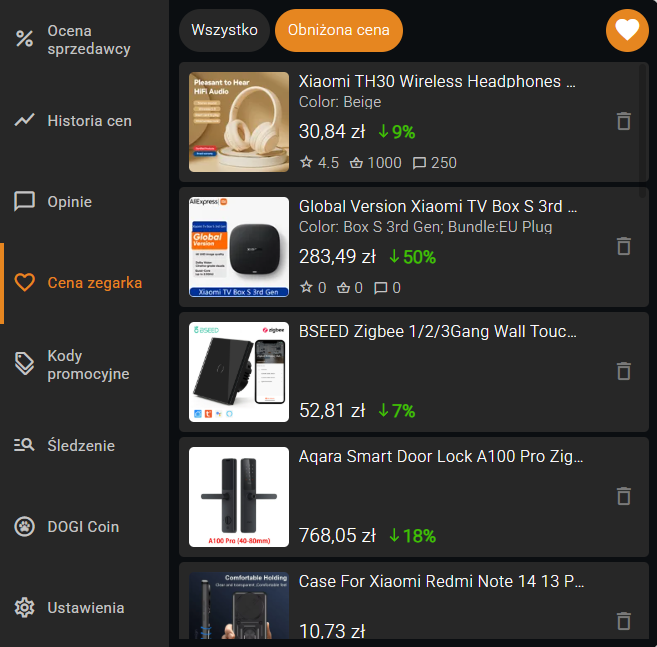 Funkcje rozszerzenia - śledzenie cen Aliexpress określonych produktów