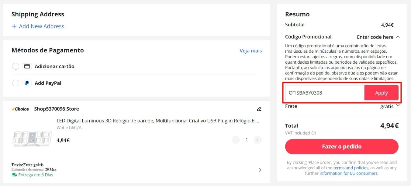 Como inserir o código de cupão do AliExpress ao fazer um pedido Como aplicar um código promocional do AliExpress