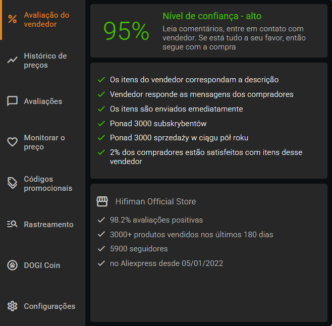 Avaliação acumulada de cada loja em percentagem Verificação do vendedor do Aliexpress e cálculo da classificação real