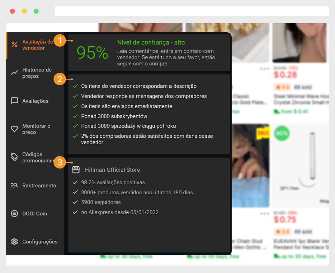 Vista ampliada. Classificação detalhada do vendedor